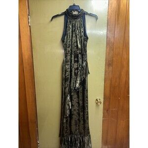 Women’s Alex Marie sleeveless, ruffled, black and gold maxi gown, Sz 6, NWT